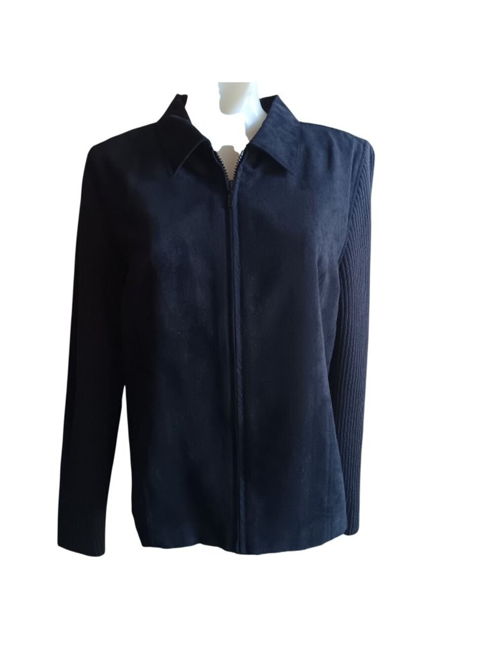 12P Studio Works Petite Navy Black Zip Front Jacket With Ribbed Sleeves